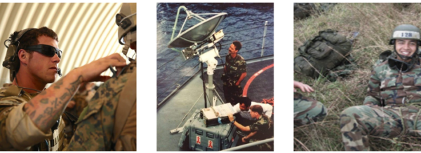 Pictured (L to R): Mason Gaffney as (JMPI) Jumpmaster Personnel Inspection the Marines unit for HALO operations, Alex Ayers on the USS Kitty Hawk and Emil Reynolds out in the field during his Ranger days.